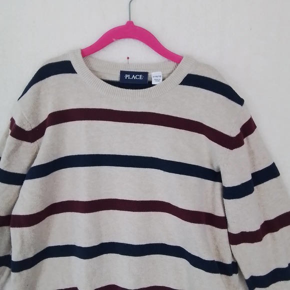 Children's Place Cotton Crew Neck Knit‎ Sweater Size Large in Tan w/ Stripes - Picture 3 of 9